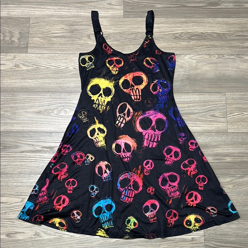 Rainbow Skull Print Sleeveless Summer Twirl Dress - Super Stretchy - Skeleton